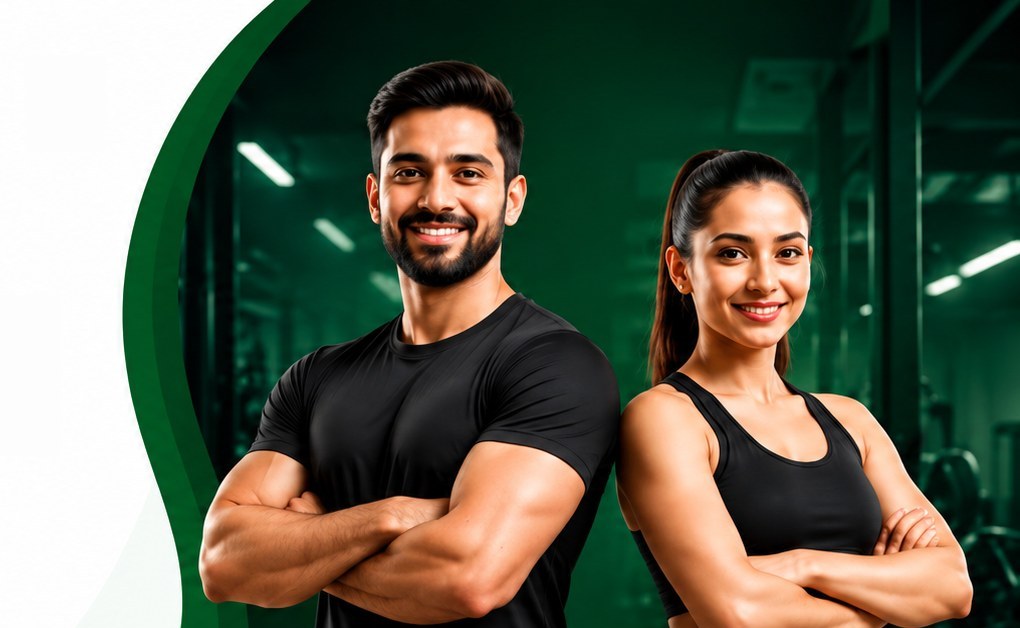 Two smiling FitFreakk trainers with arms crossed in a gym