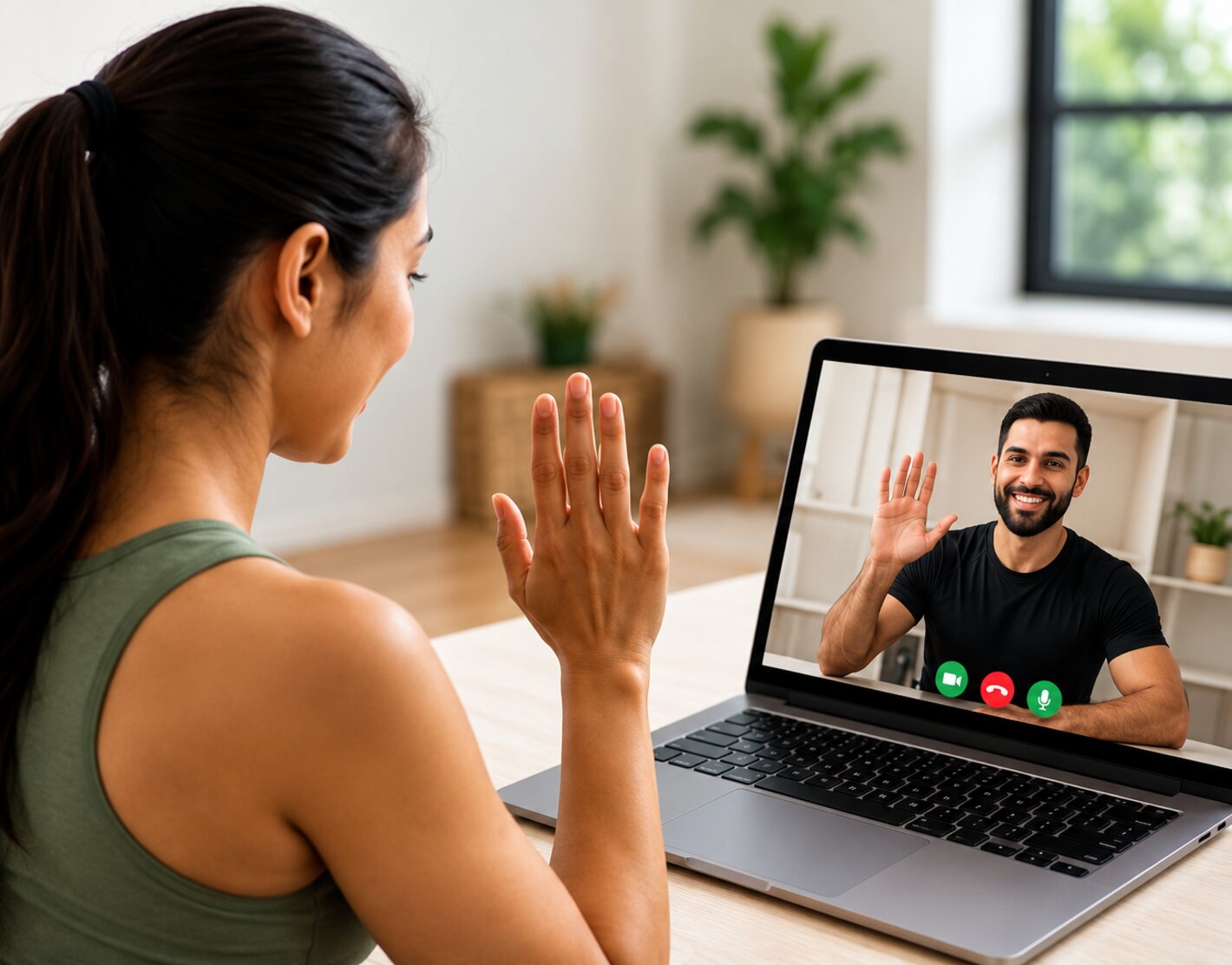 Woman waving to her trainer on a video consultation