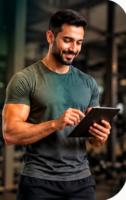 Trainer smiling while using a tablet in the gym