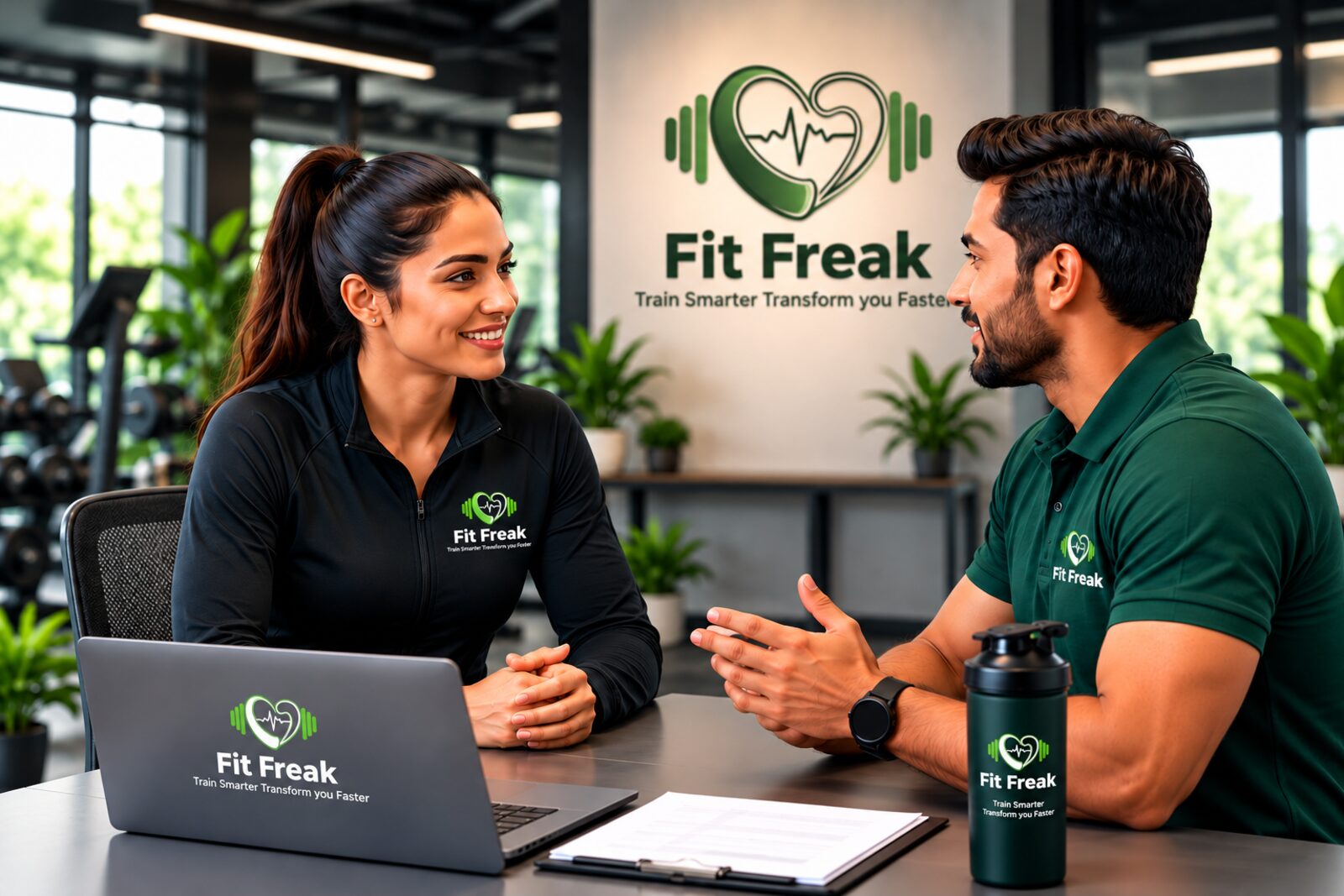 A FitFreakk team member talking with a trainer at the FitFreakk office