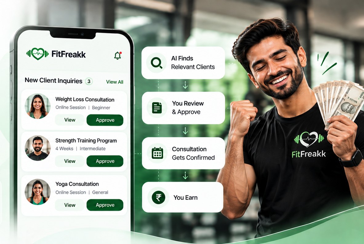 FitFreakk app showing new client inquiries, and a trainer celebrating his earnings