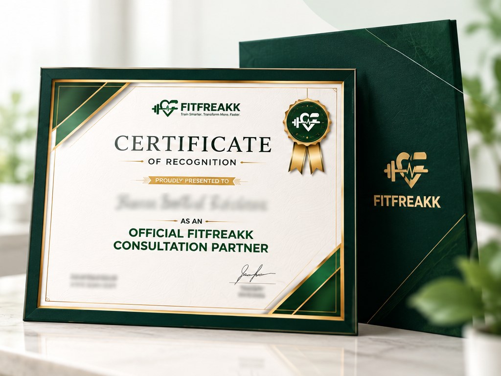 Official FitFreakk Consultation Partner certificate in a green frame