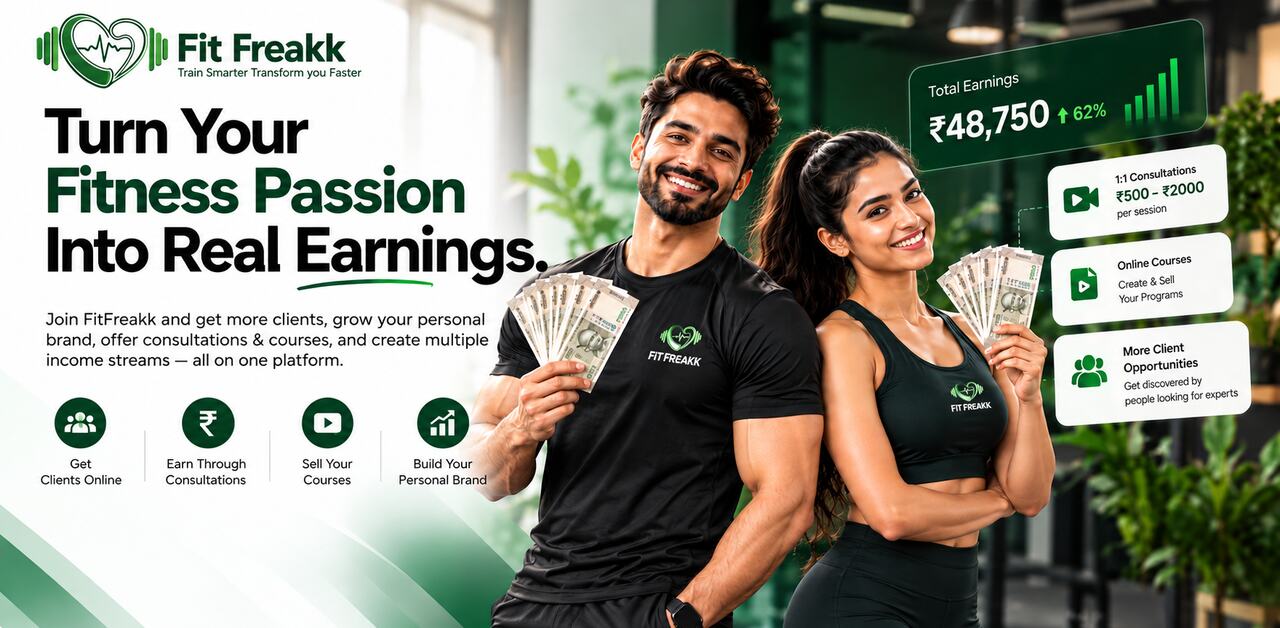 Turn your fitness passion into real earnings. Join FitFreakk to get more clients, earn through consultations, sell your courses and build your personal brand.
