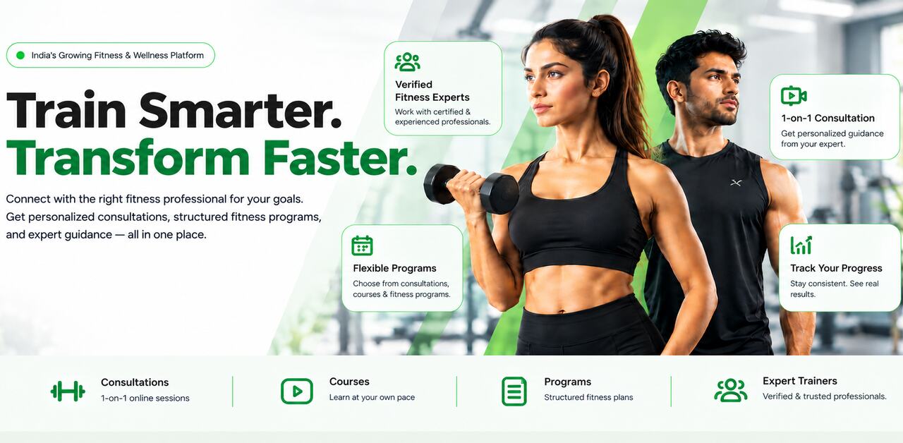 Train smarter. Transform faster. Connect with verified fitness experts for 1-on-1 consultations, courses and structured fitness programs, and track your progress.