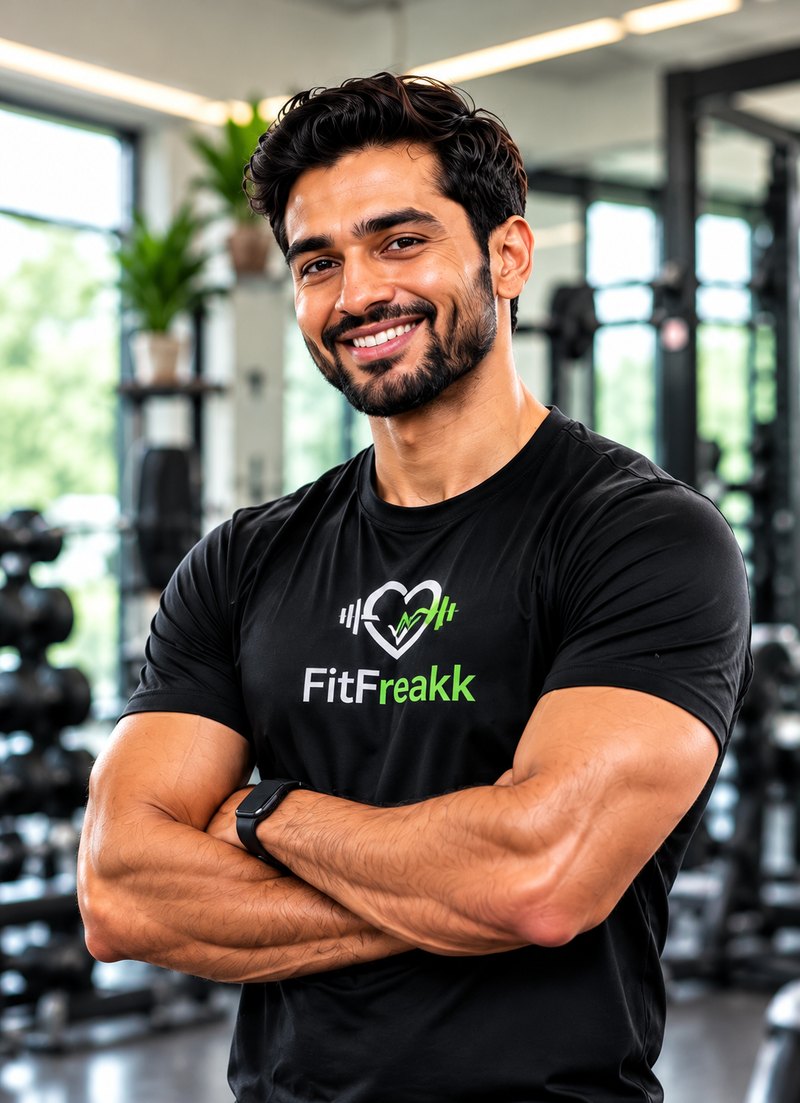 Smiling FitFreakk trainer in a modern gym