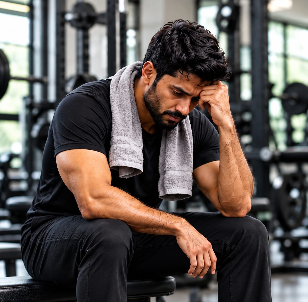 Stressed trainer sitting in a gym