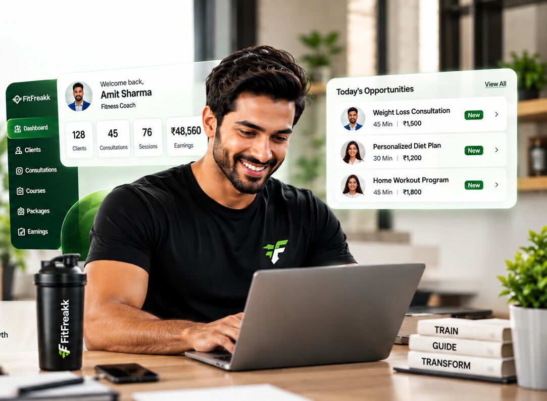 Smiling trainer at his laptop with his FitFreakk dashboard and today's client opportunities