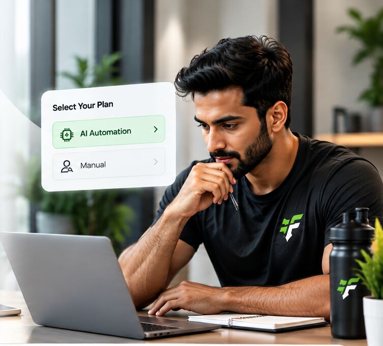 Trainer thinking at his laptop next to a Select Your Plan menu