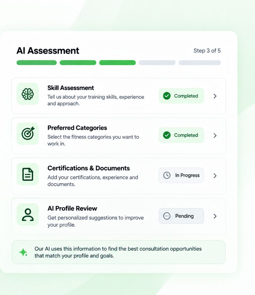 AI Assessment progress: skill assessment and preferred categories completed, documents in progress, AI profile review pending