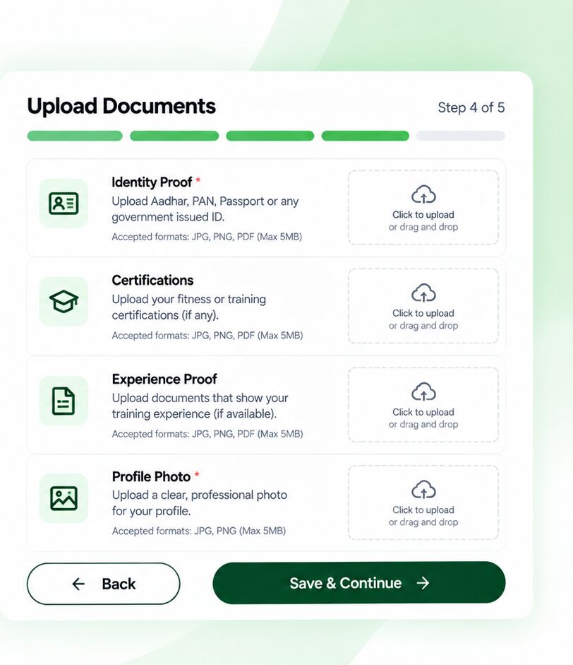Upload Documents form with identity proof, certifications, experience proof and profile photo uploads