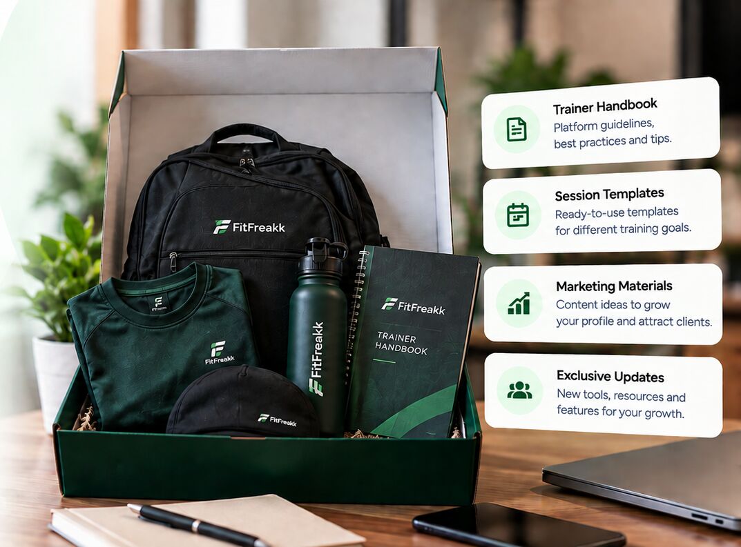 FitFreakk trainer kit box with backpack, t-shirt, cap, bottle and trainer handbook