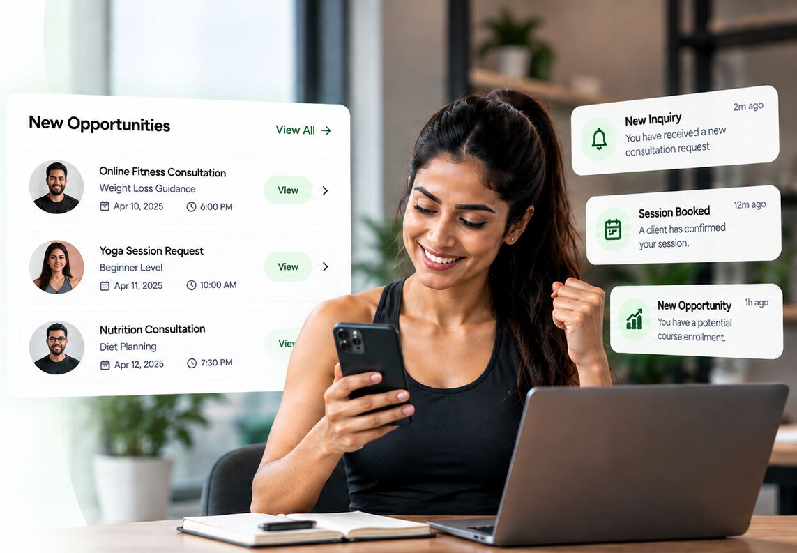 Smiling trainer checking new client opportunities and session notifications on her phone