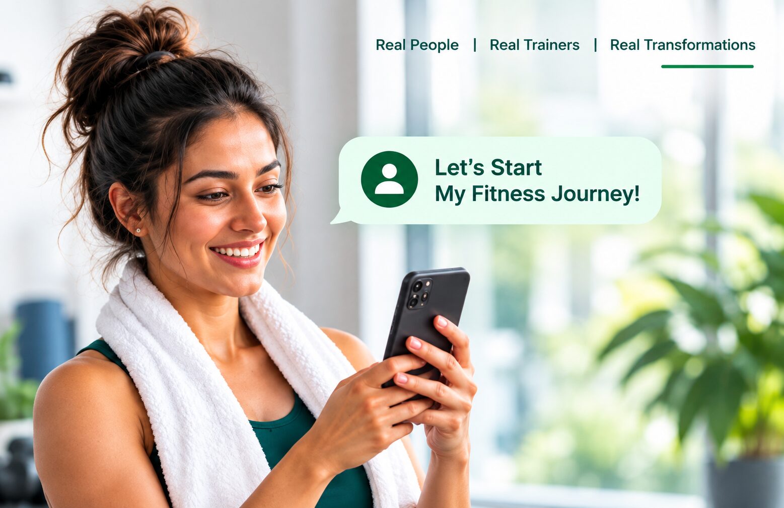Smiling woman with a towel tapping “Let’s Start My Fitness Journey!” on her phone