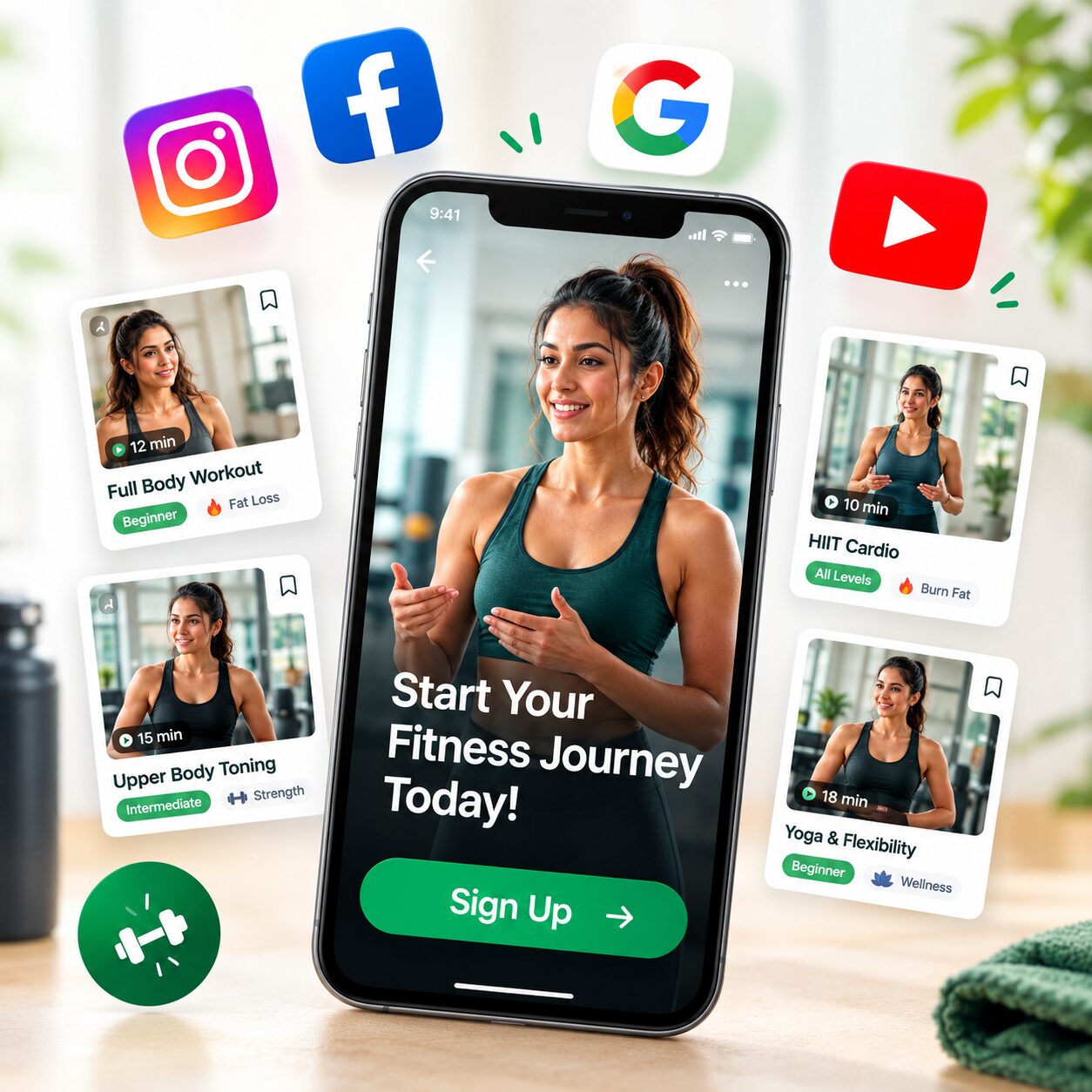 Social media ads leading to a FitFreakk sign-up screen