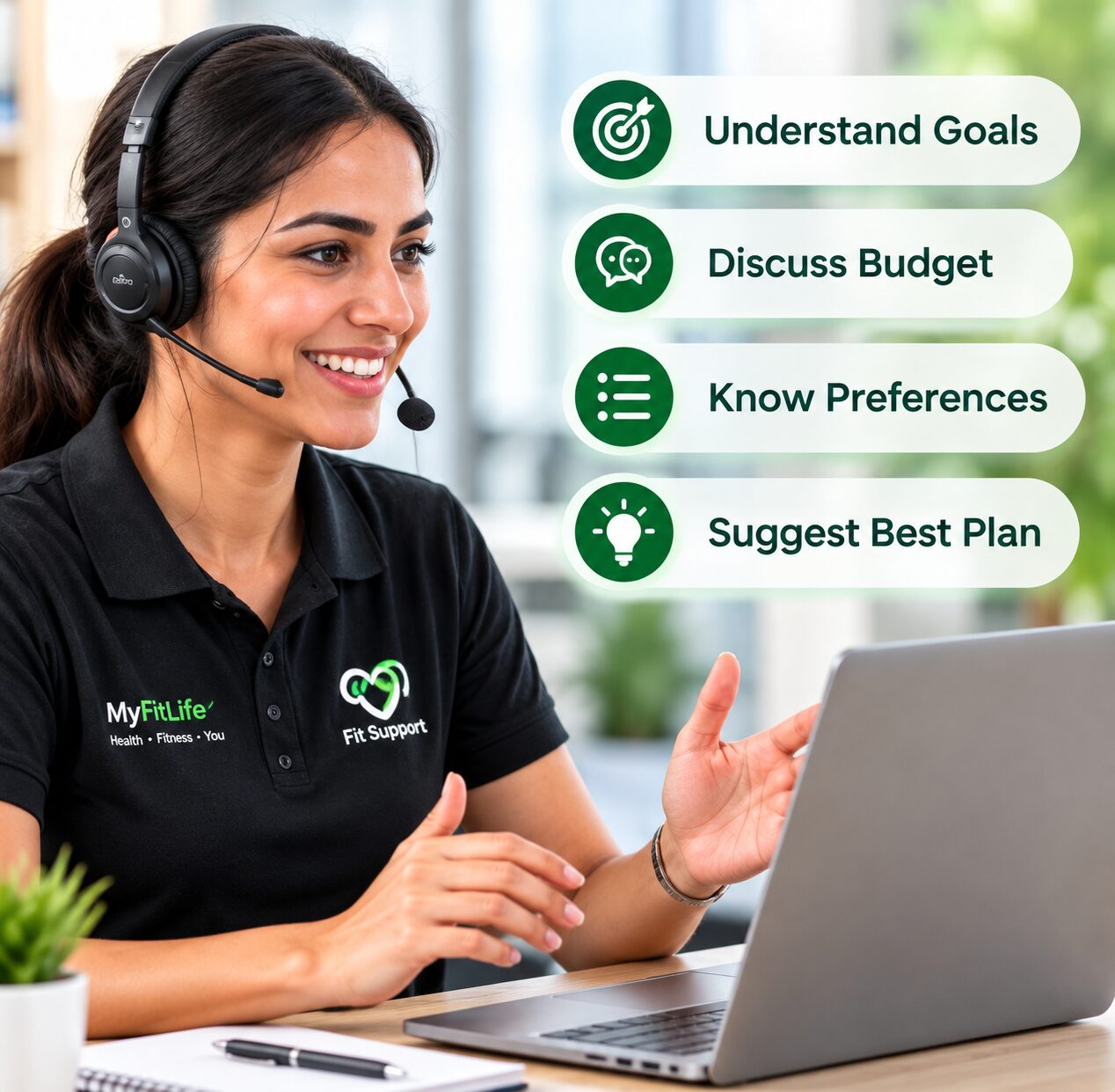 Client manager on a call, noting goals, budget and preferences