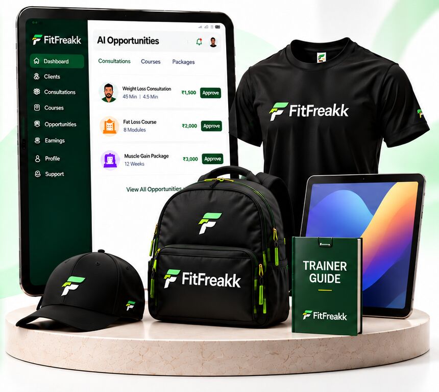 AI Automation plan kit: FitFreakk AI opportunities portal on a tablet, t-shirt, cap, backpack, trainer guide and tablet