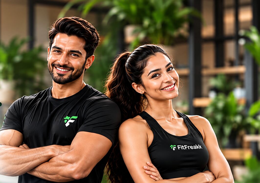 Two smiling FitFreakk trainers in branded t-shirts