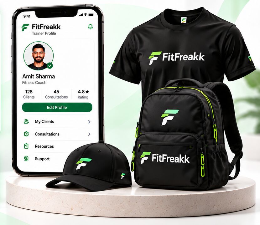 Manual plan kit: FitFreakk trainer profile on a phone, t-shirt, cap and backpack
