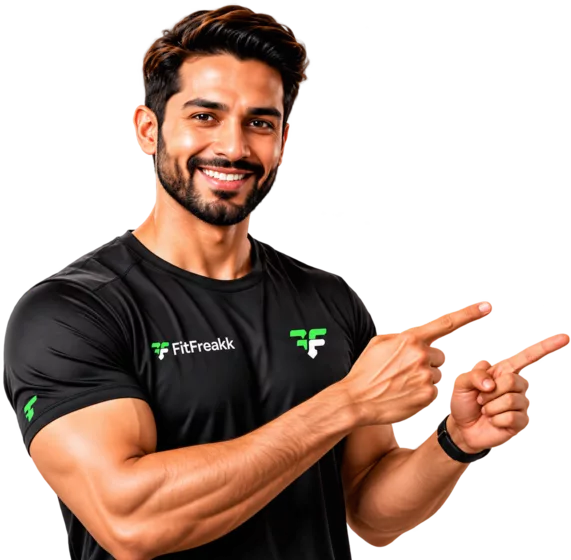 Smiling FitFreakk trainer pointing to the plans