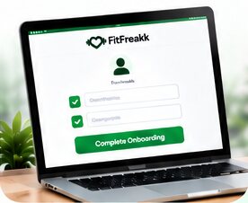 Laptop showing the FitFreakk Complete Onboarding screen