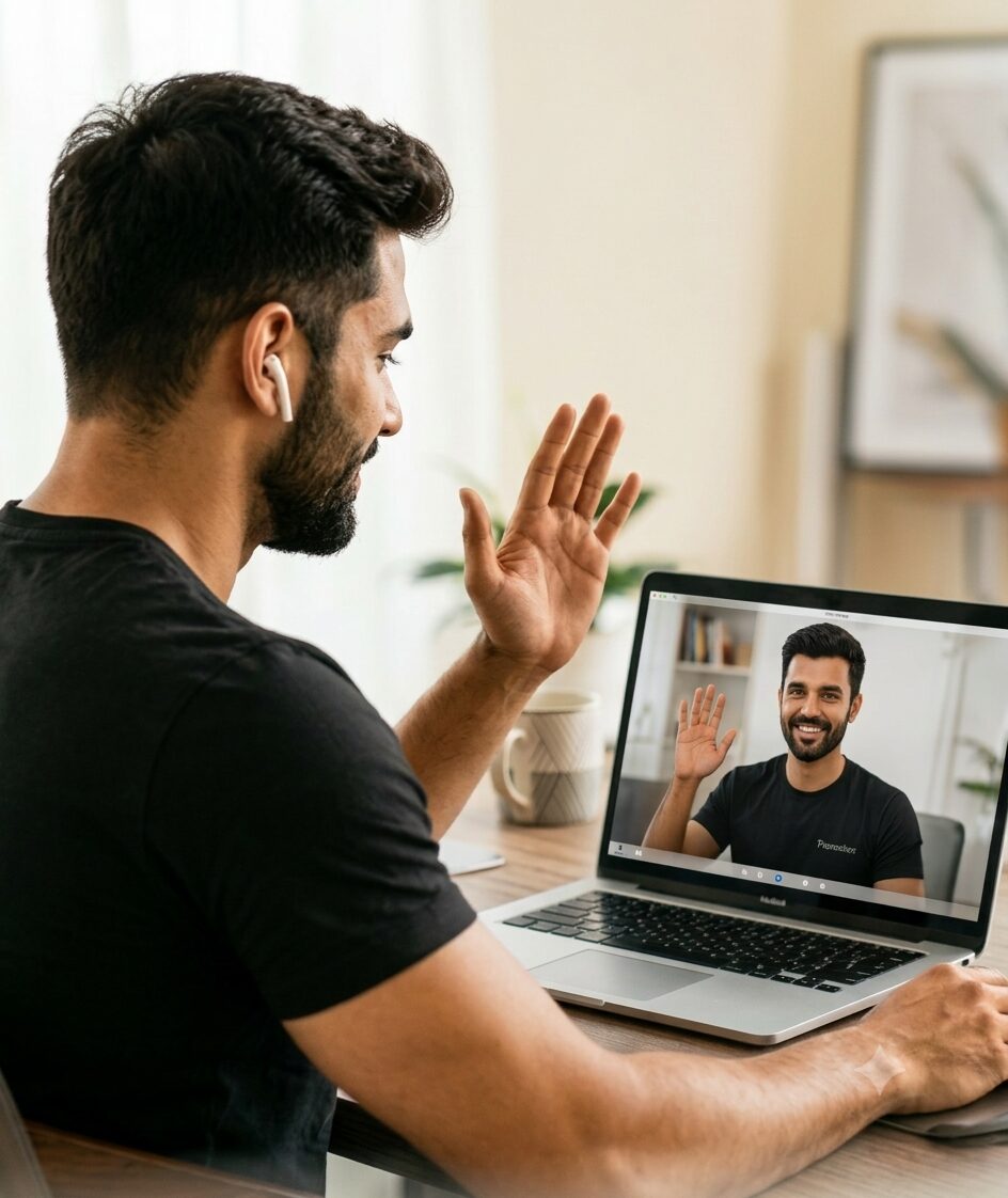 Trainer waving during a live video session