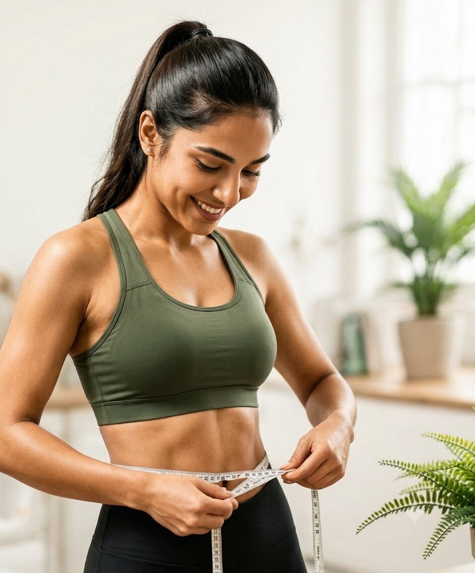 Woman measuring her waist to track progress