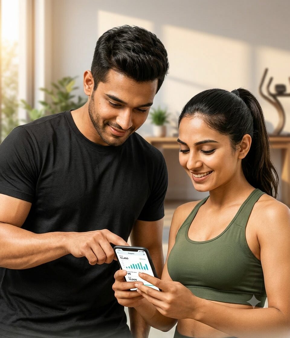 Trainer and client checking progress on a phone